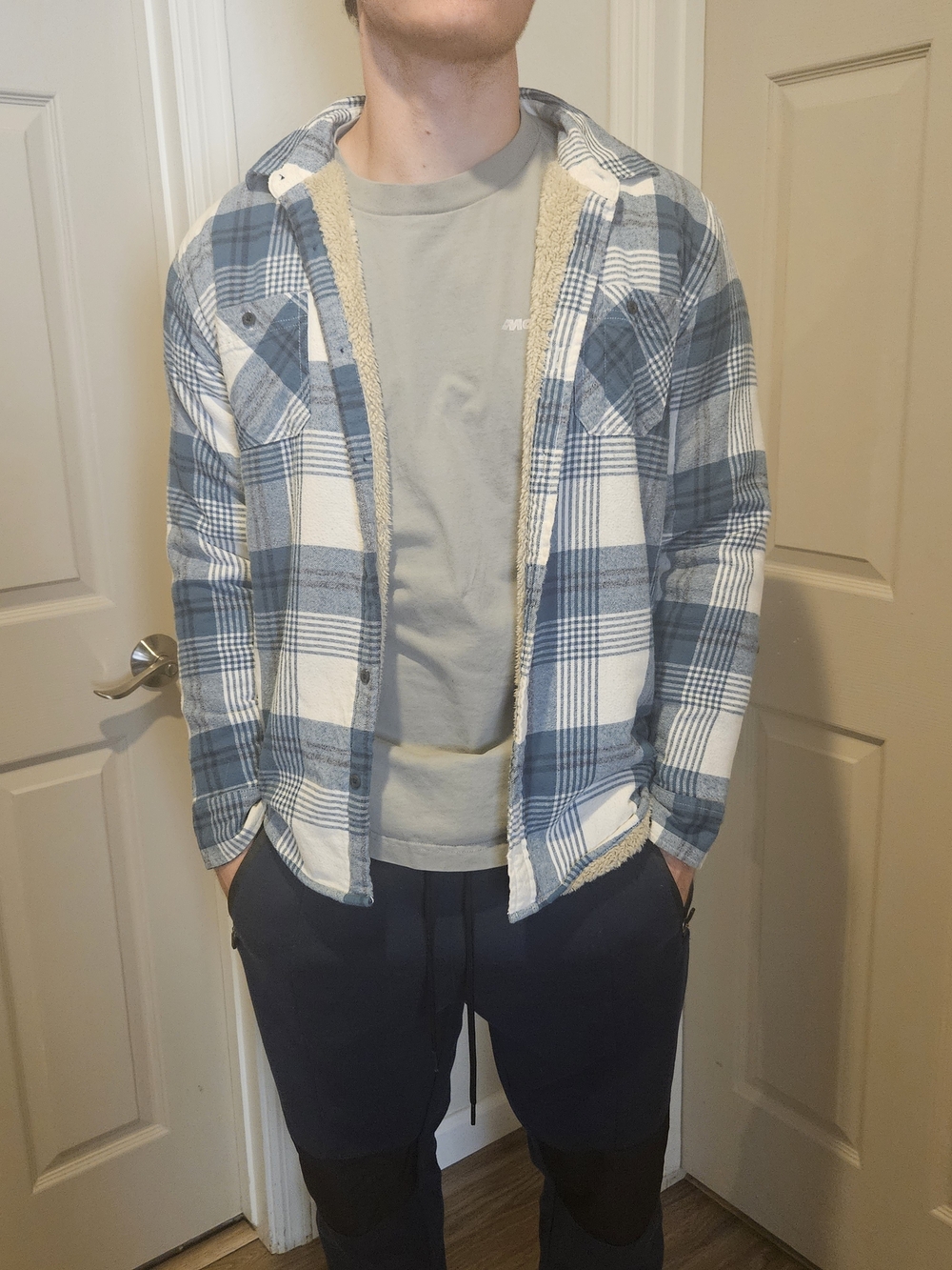 Men's Blue & White Plaid Sherpa-Lined Shirt Jacket